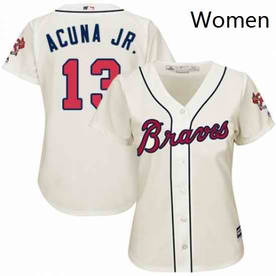 Womens Majestic Atlanta Braves 13 Ronald Acuna Jr Authentic Cream Alternate 2 Cool Base MLB Jersey